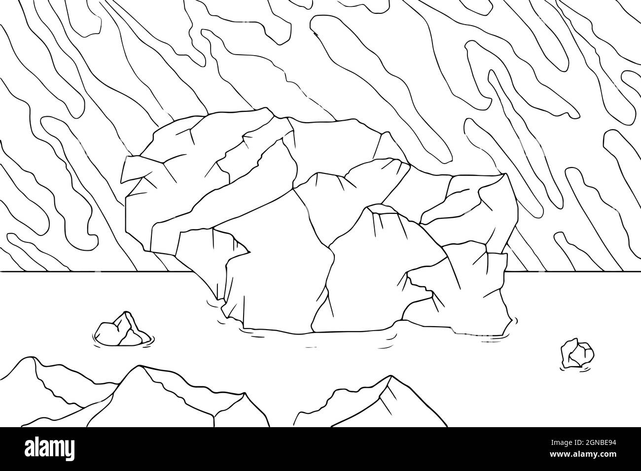Doodle alien fantasy landscape with big rocks coloring page for adults. Fantastic psychedelic graphic artwork. Vector hand drawn simple flat illustrat Stock Vector
