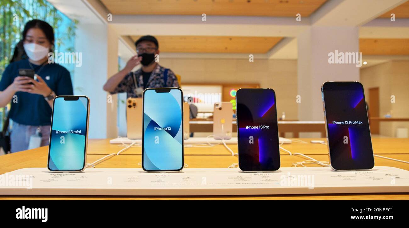 Tokyo, Japan. 24th Sep, 2021. Apple's new iPhone 13 series are displayed during the launch day at Apple Marunouchi store in Tokyo, Japan on Friday, September 13, 2021. Credit: UPI/Alamy Live News Stock Photo