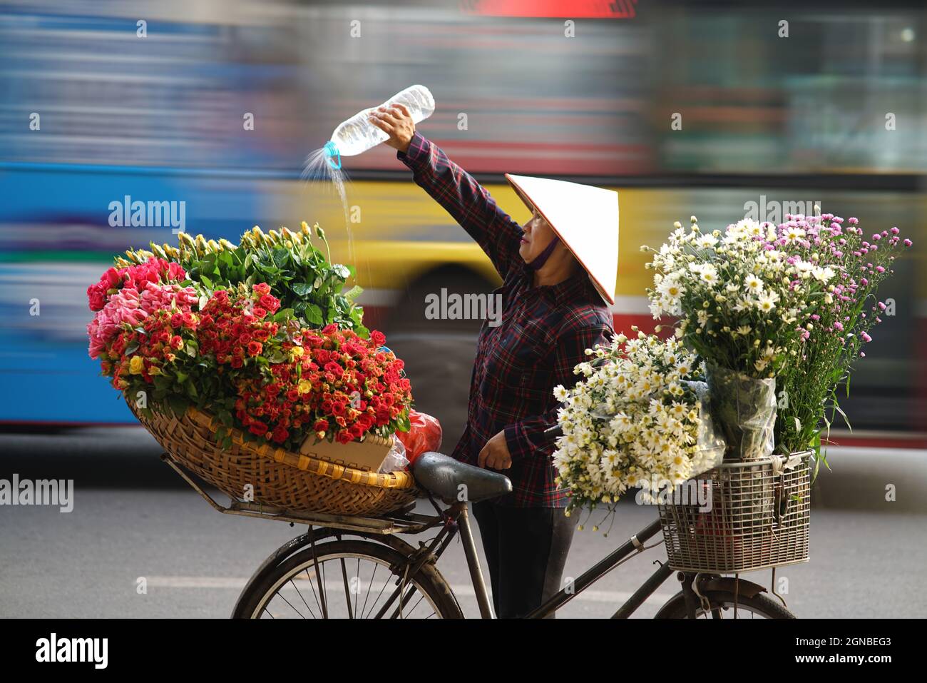 Bicycle flower seller in Ha Noi capital northern Vietnam Stock Photo
