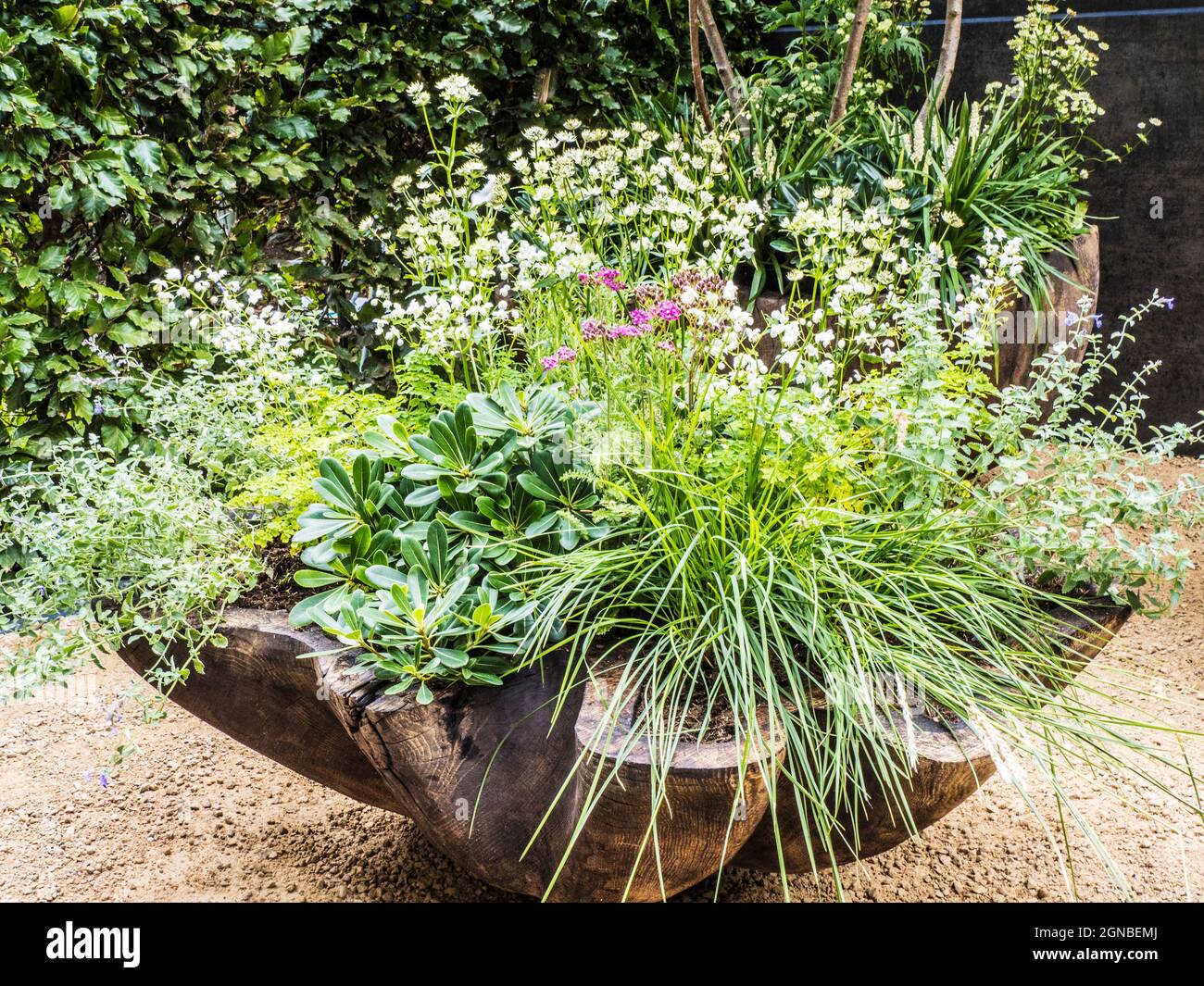 A gravel patio with chair and richly planted containers. Stock Photo