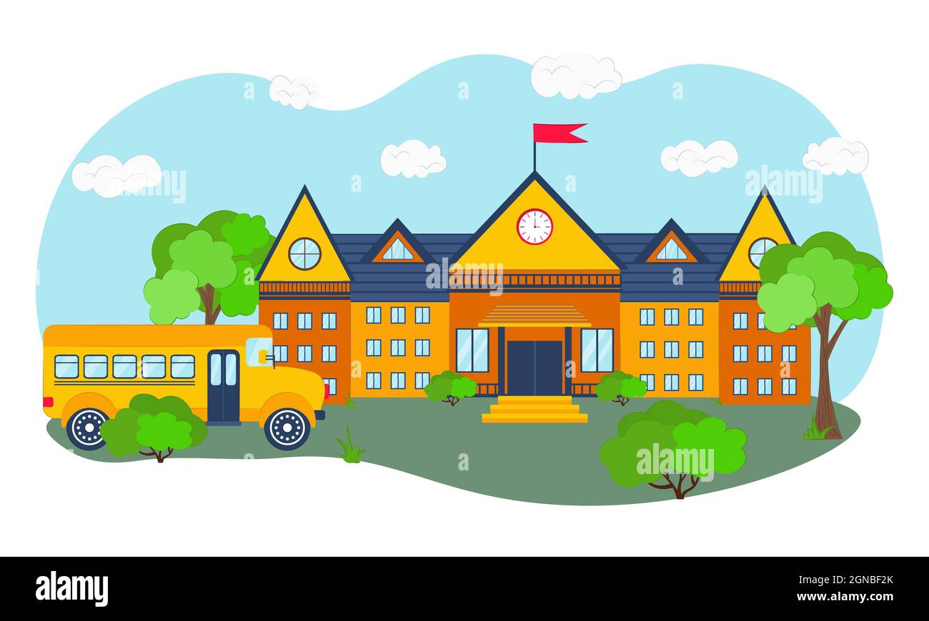 High school with bus, trees and bushes. Urban landscape with a house