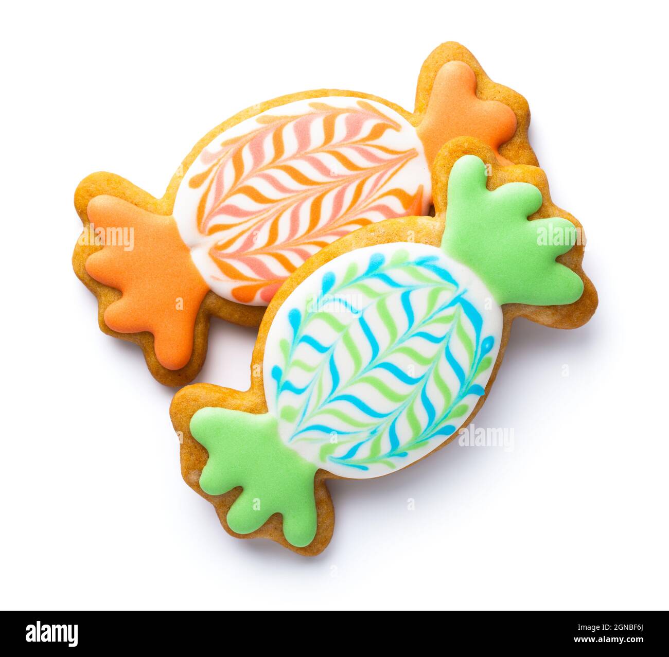 Candy shaped easter cookies isolated over white background. Top view, flat lay Stock Photo