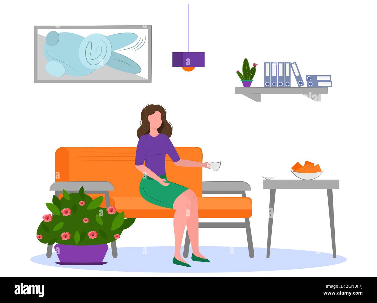 girl at work drinking coffee on the couch. lunch break. office decor. vector illustration Stock