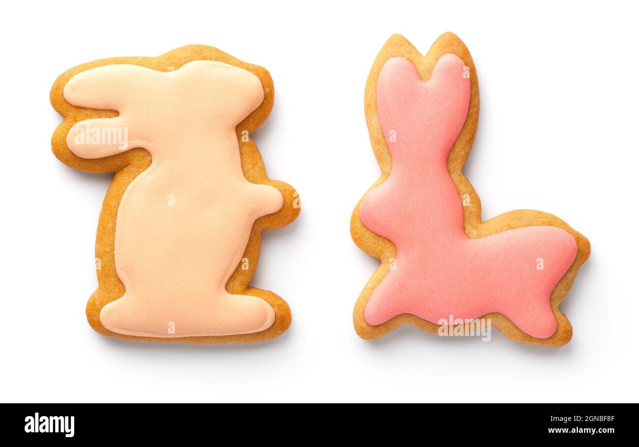 Bunny easter cookies isolated on white background. Top view Stock Photo