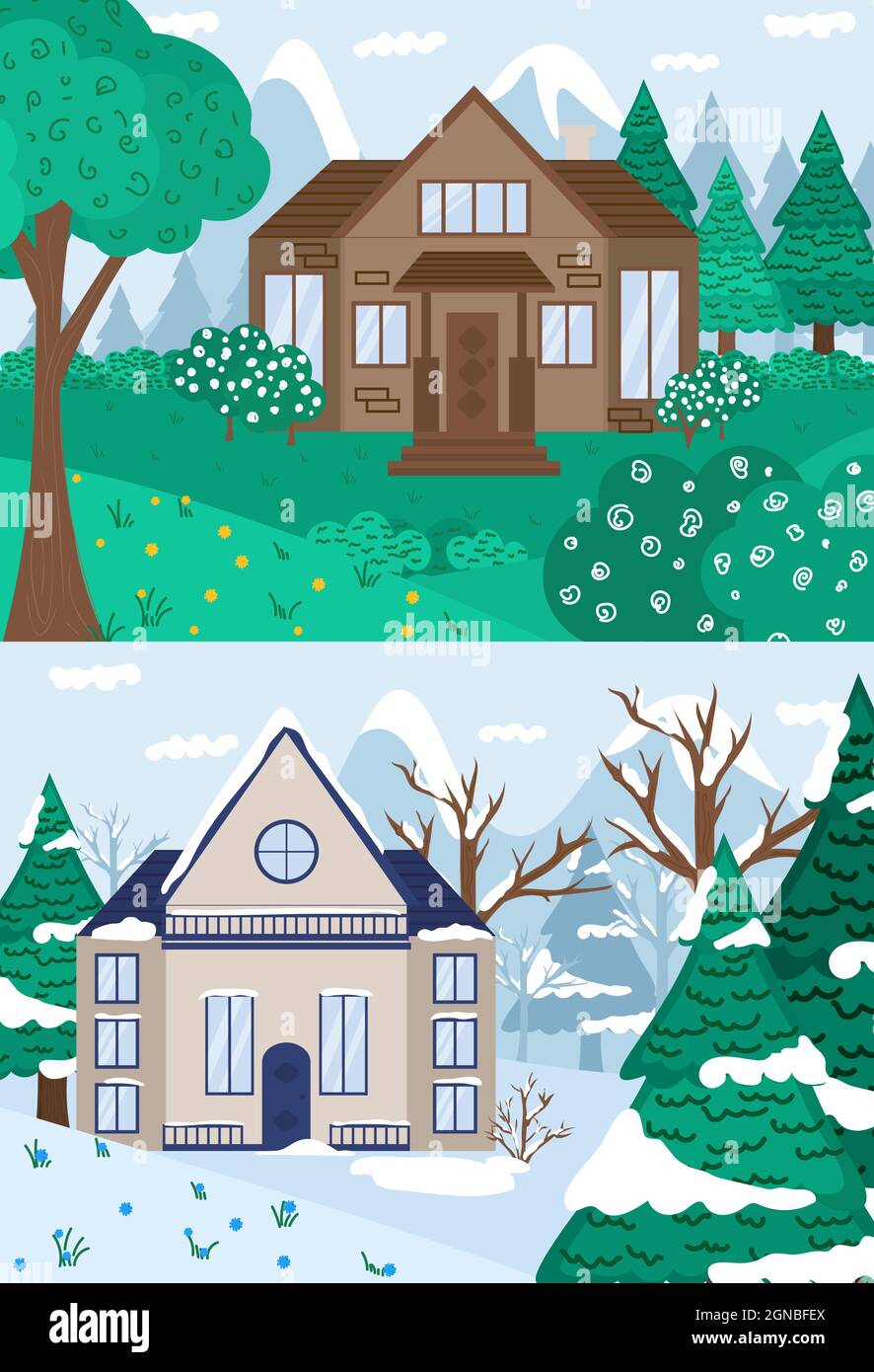 Vector flat illustration. Winter and summer forest landscape with house and trees. Snowy winter and summer. Family suburban home. Stock Vector