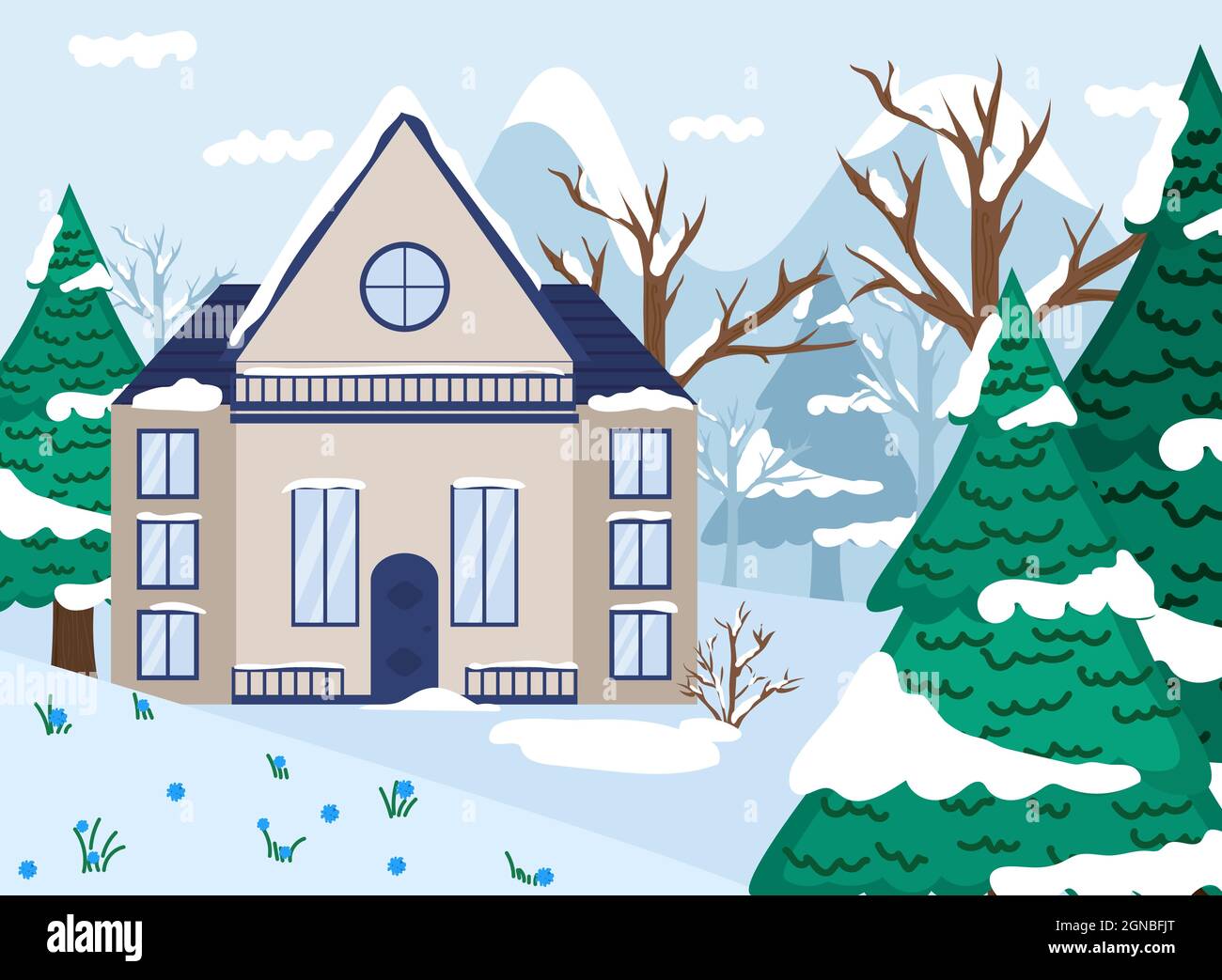 Vector flat illustration. Winter forest landscape with house and trees ...