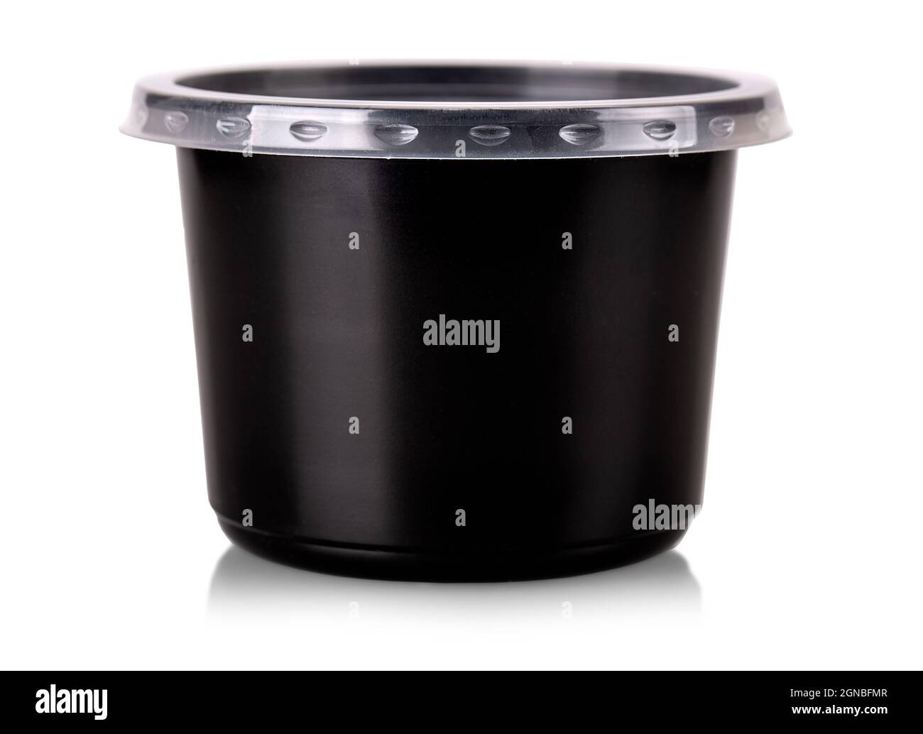 view of black plastic disposable take out food container with clear lid