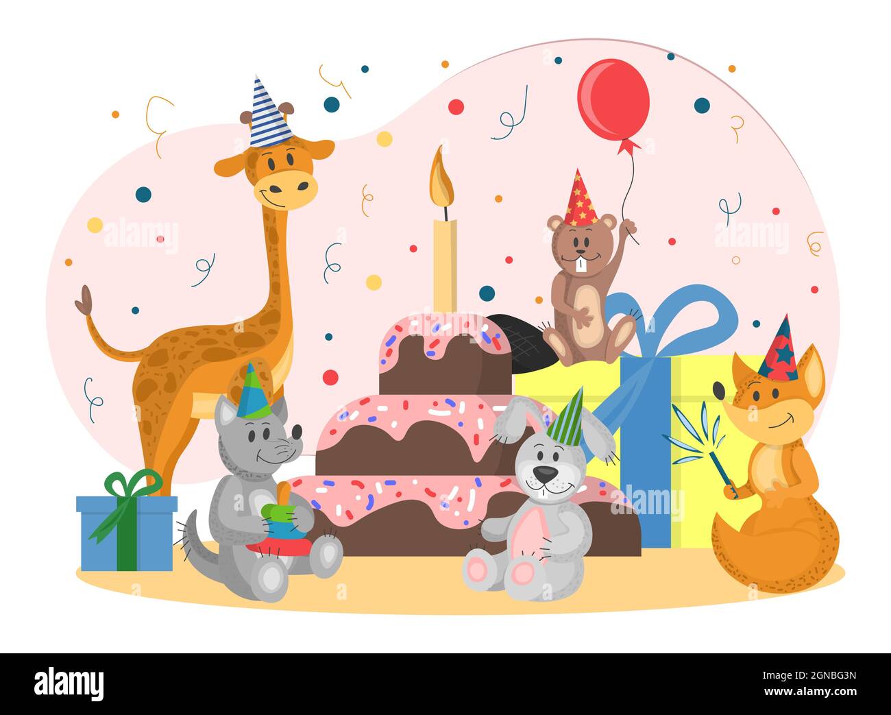 set of wild animals celebrate birthday. cute cartoon animals in flat style. vector illustration isolated on white background. party of animals in cone Stock Vector