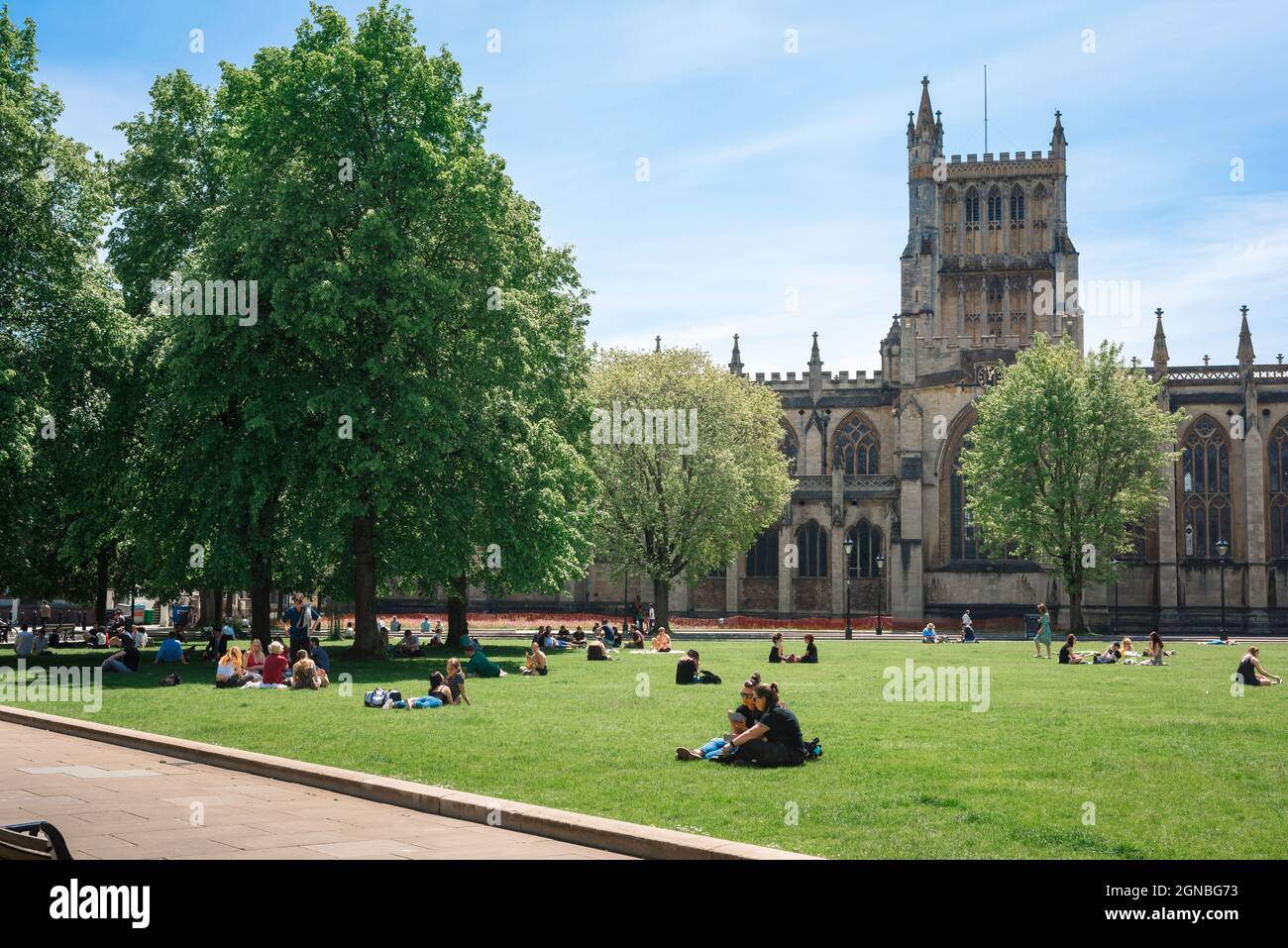 Bristol College Green, view in summer of people relaxing in College Green, a popular green space in the historic centre of Bristol, Avon, England, UK Stock Photo