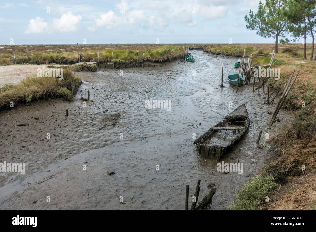 Old vintage boats left behind in the salt marshlands, wetlands of Aveiro lagoon, nature reserve, Portugal. Stock Photo