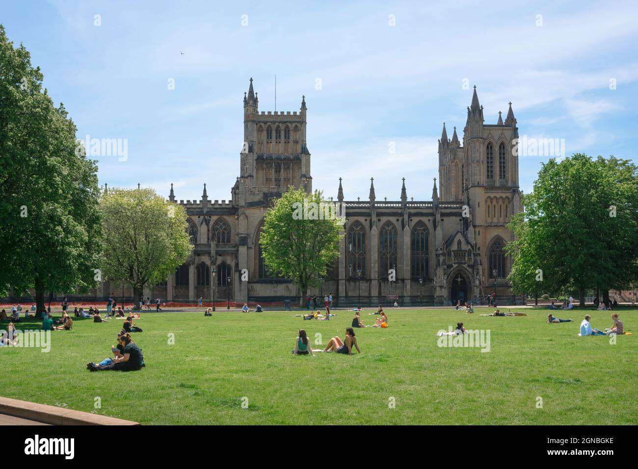 Bristol College Green, view in summer of people relaxing in College