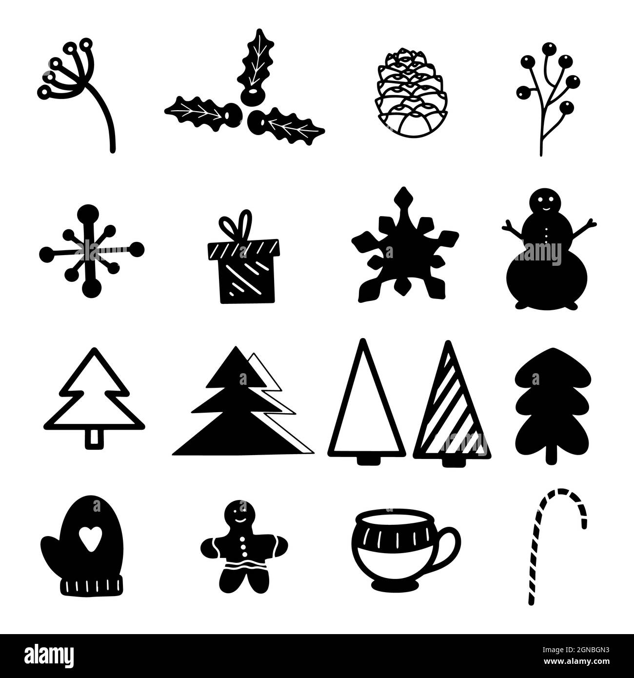 Christmas black mitten candy cane snowman holly pine ginger man cookie biscuits design illustration. New Year mistletoe cone eve fir tree gift plant Stock Photo