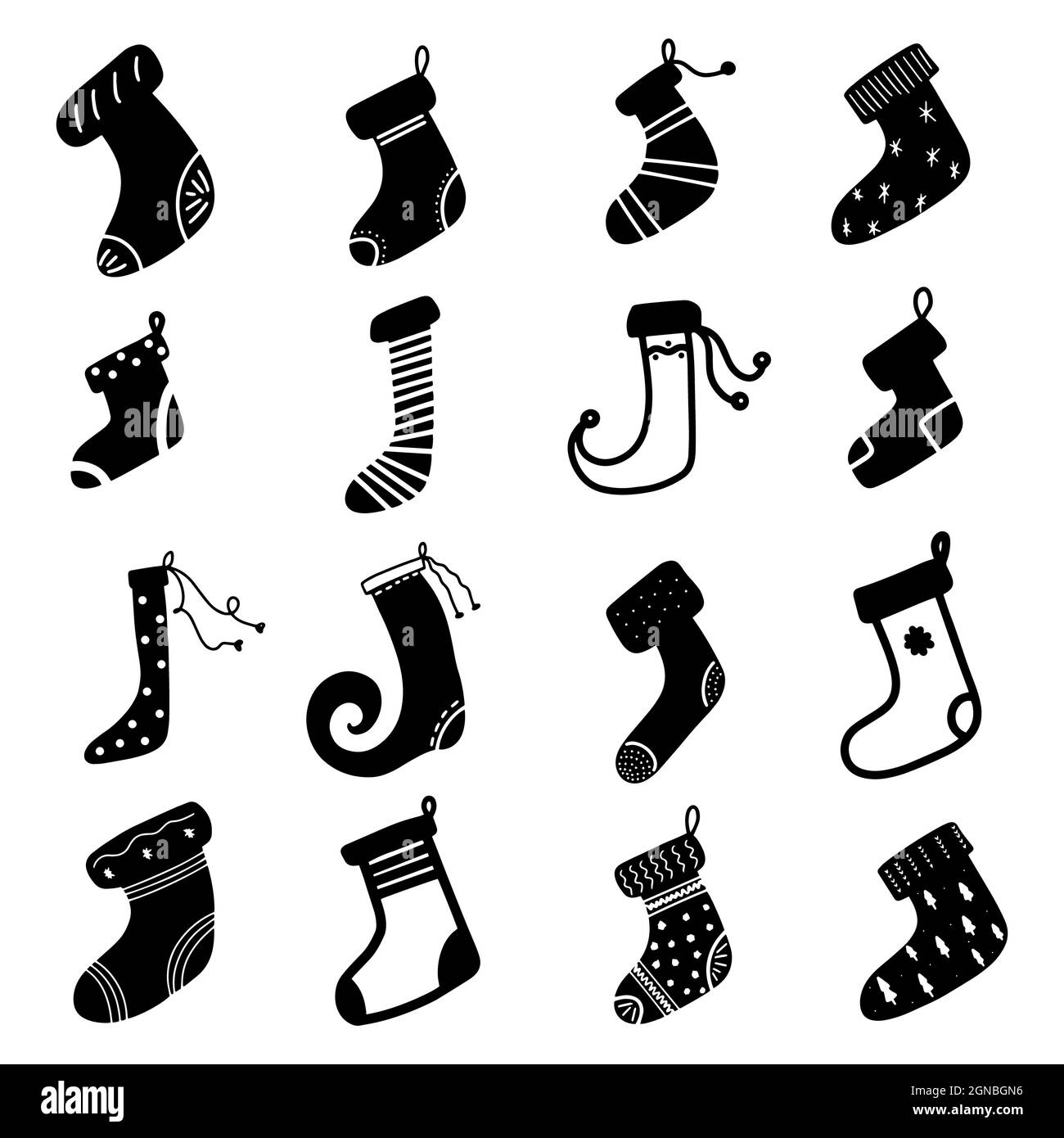 Santa Socks illustration graphic design element set. Black Xmas sock gift present footwear. Calligraphy winter feet clothes laces for children book Stock Photo