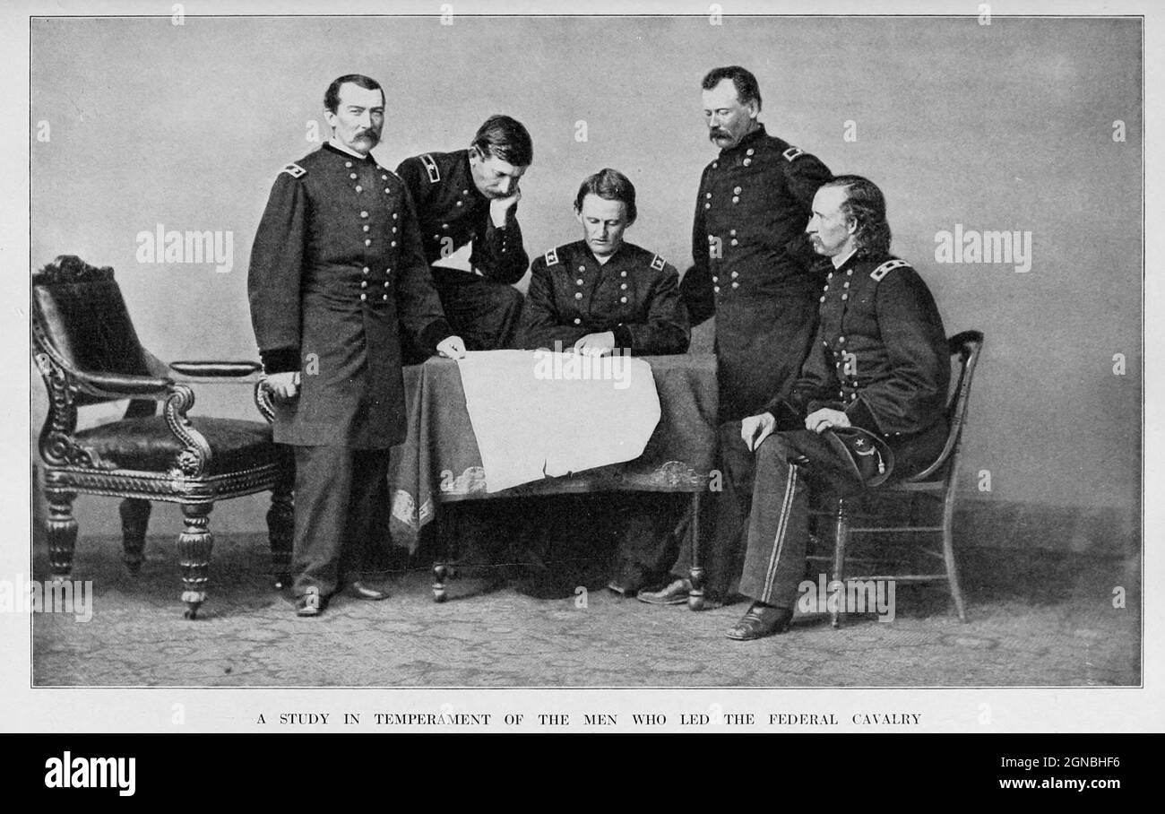 Sheridan and his right-hand men [Philip Henry Sheridan (March 6, 1831 – August 5, 1888) was a career United States Army officer and a Union general in the American Civil War. His career was noted for his rapid rise to major general and his close association with General-in-chief Ulysses S. Grant, who transferred Sheridan from command of an infantry division in the Western Theater to lead the Cavalry Corps of the Army of the Potomac in the East. In 1864, he defeated Confederate forces under General Jubal Early in the Shenandoah Valley and his destruction of the economic infrastructure of the Va Stock Photo