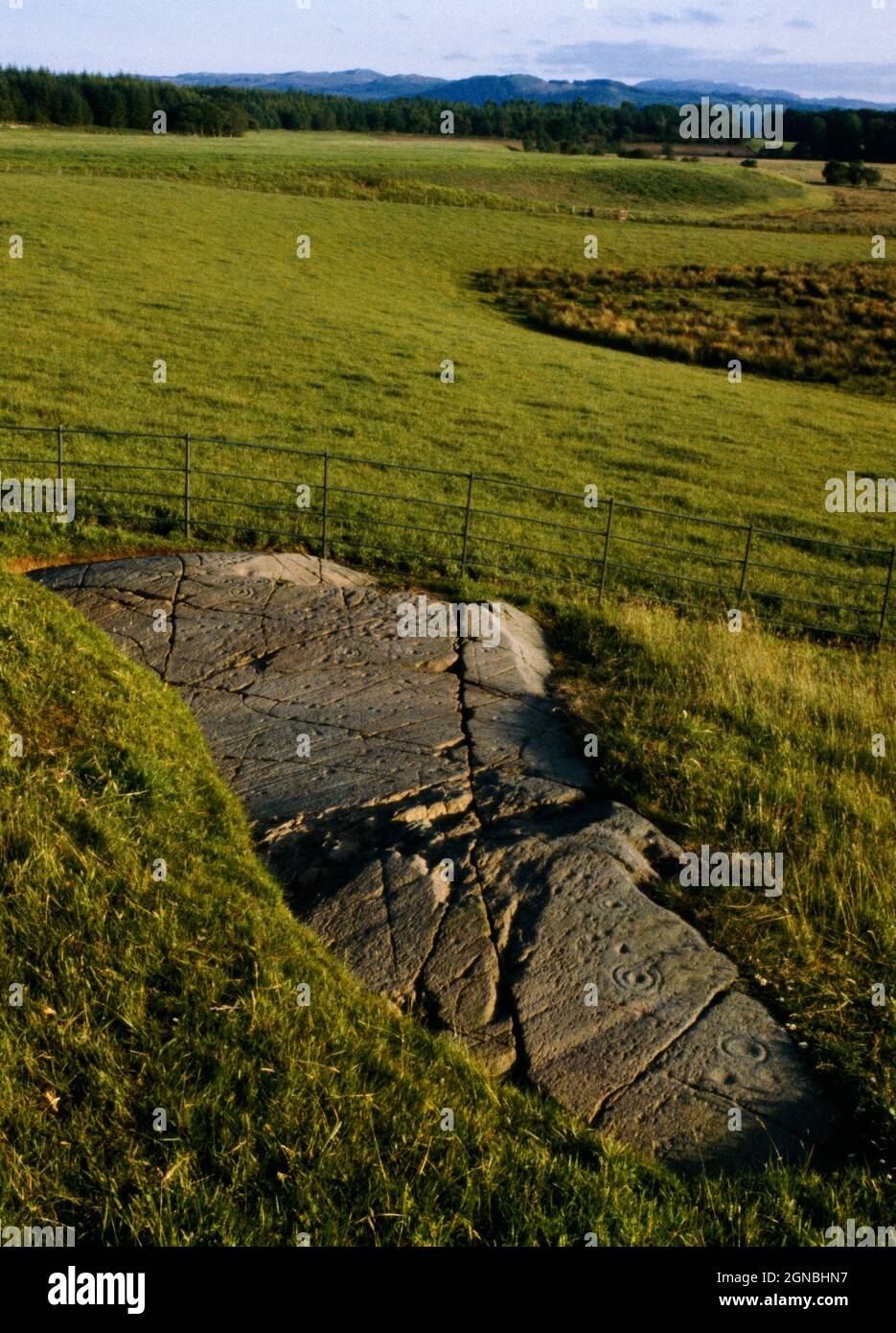 View SSE of Baluachraig prehistoric rock art, Kilmartin, Argyll, Scotland, UK, featuring lines & clusters of pecked cupmarks, cup-and-rings & grooves. Stock Photo