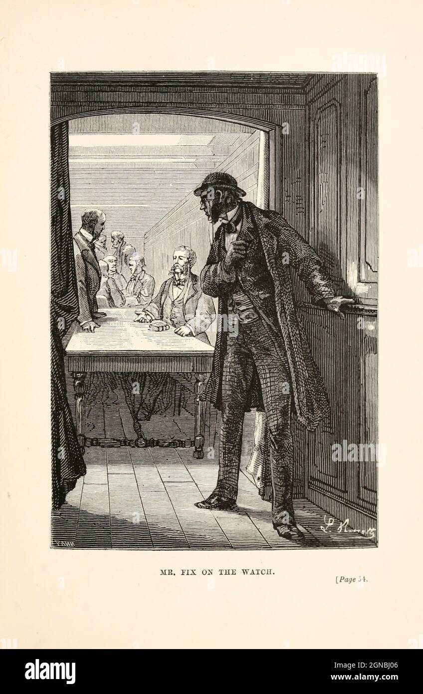 Mr. Fix on the Watch from the book ' Around the world in eighty days ' by Jules Verne (1828-1905) Translated by Geo. M. Towle, Published in Boston by James. R. Osgood & Co. 1873 First US Edition Stock Photo