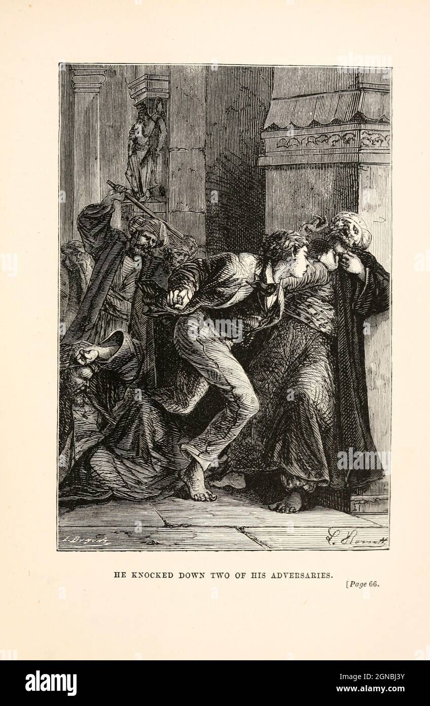 Passepartout Knocked Down Two of His Adversaries. from the book ' Around the world in eighty days ' by Jules Verne (1828-1905) Translated by Geo. M. Towle, Published in Boston by James. R. Osgood & Co. 1873 First US Edition Stock Photo