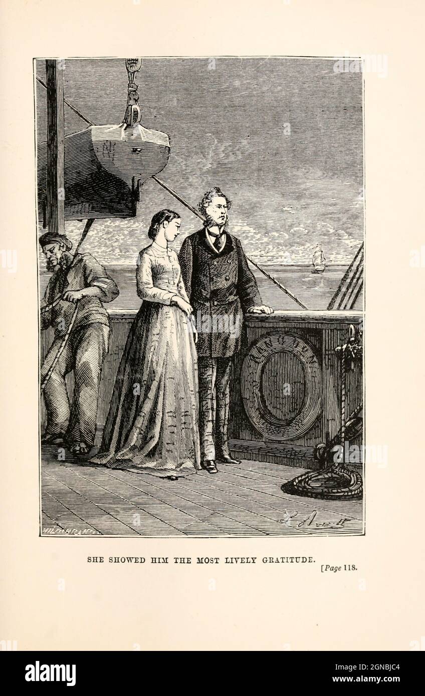 She showed him the most lively gratitude. from the book ' Around the world in eighty days ' by Jules Verne (1828-1905) Translated by Geo. M. Towle, Published in Boston by James. R. Osgood & Co. 1873 First US Edition Stock Photo