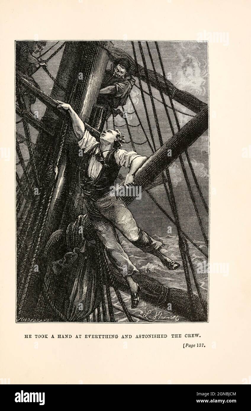 He Took a Hand at Everything and Astonished the Crew. from the book ' Around the world in eighty days ' by Jules Verne (1828-1905) Translated by Geo. M. Towle, Published in Boston by James. R. Osgood & Co. 1873 First US Edition Stock Photo