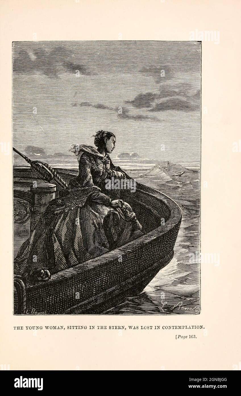 The young woman, sitting in the stern, was lost in contemplation. from the book ' Around the world in eighty days ' by Jules Verne (1828-1905) Translated by Geo. M. Towle, Published in Boston by James. R. Osgood & Co. 1873 First US Edition Stock Photo