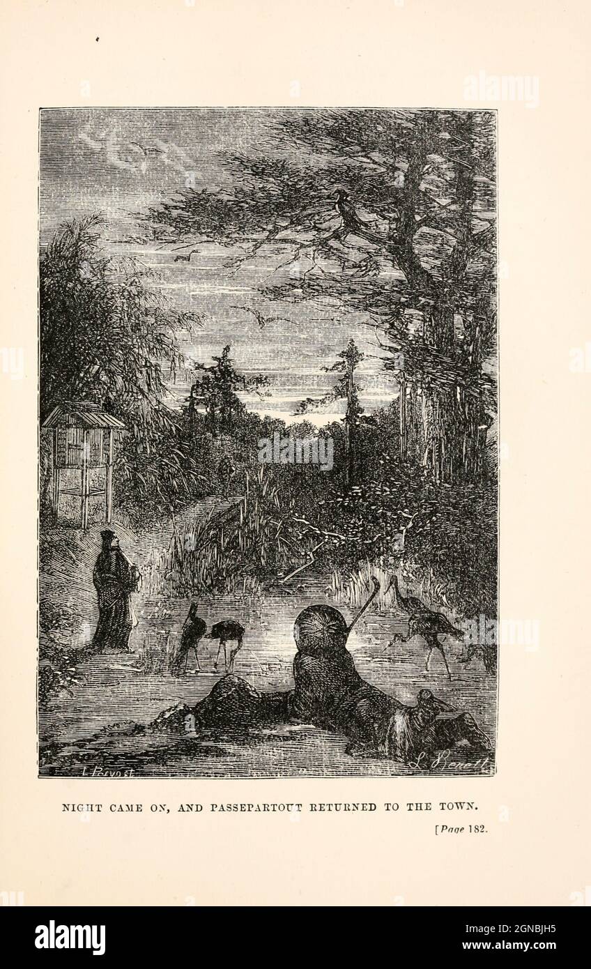 Night came on, and Pasepartout returned to the town from the book ' Around the world in eighty days ' by Jules Verne (1828-1905) Translated by Geo. M. Towle, Published in Boston by James. R. Osgood & Co. 1873 First US Edition Stock Photo