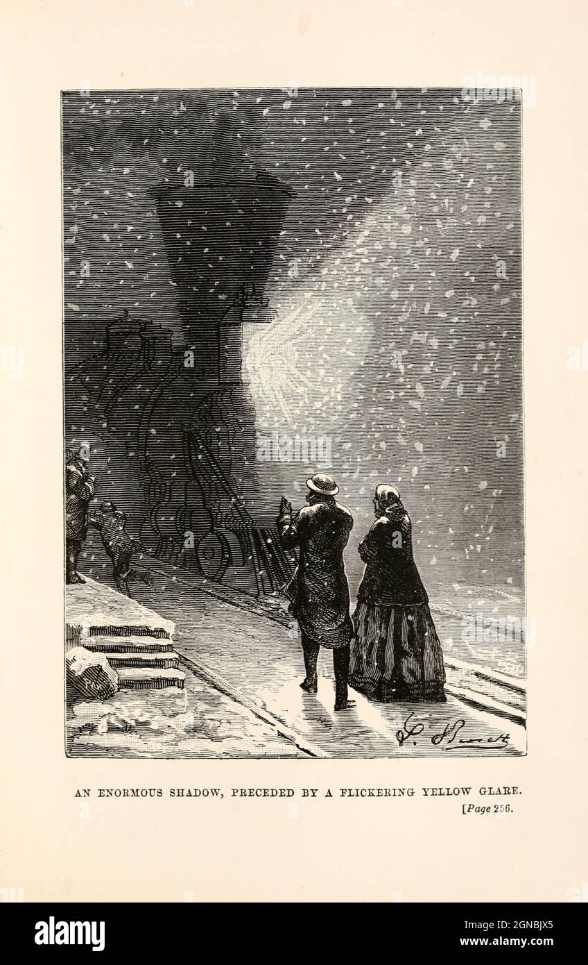 An enormous shadow, preceded by a flickering yellow glare. from the book ' Around the world in eighty days ' by Jules Verne (1828-1905) Translated by Geo. M. Towle, Published in Boston by James. R. Osgood & Co. 1873 First US Edition Stock Photo