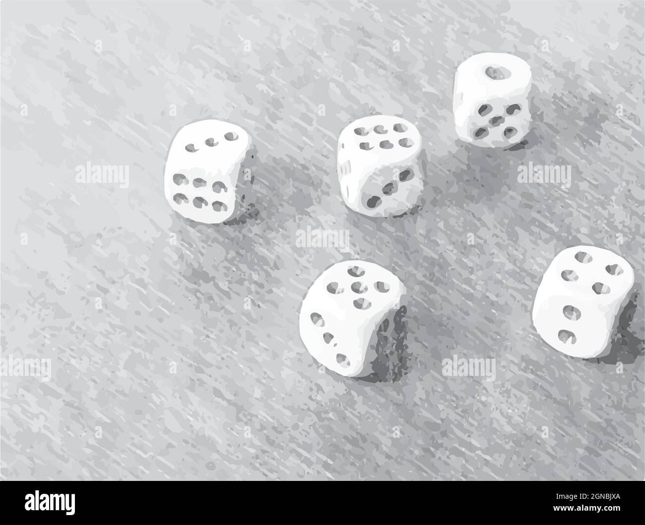 Gray Pencil drawing of dice. A game combination of five dice. Vector