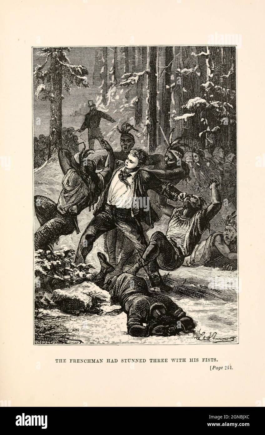 The Frenchman has stunned three with his fists. from the book ' Around the world in eighty days ' by Jules Verne (1828-1905) Translated by Geo. M. Towle, Published in Boston by James. R. Osgood & Co. 1873 First US Edition Stock Photo