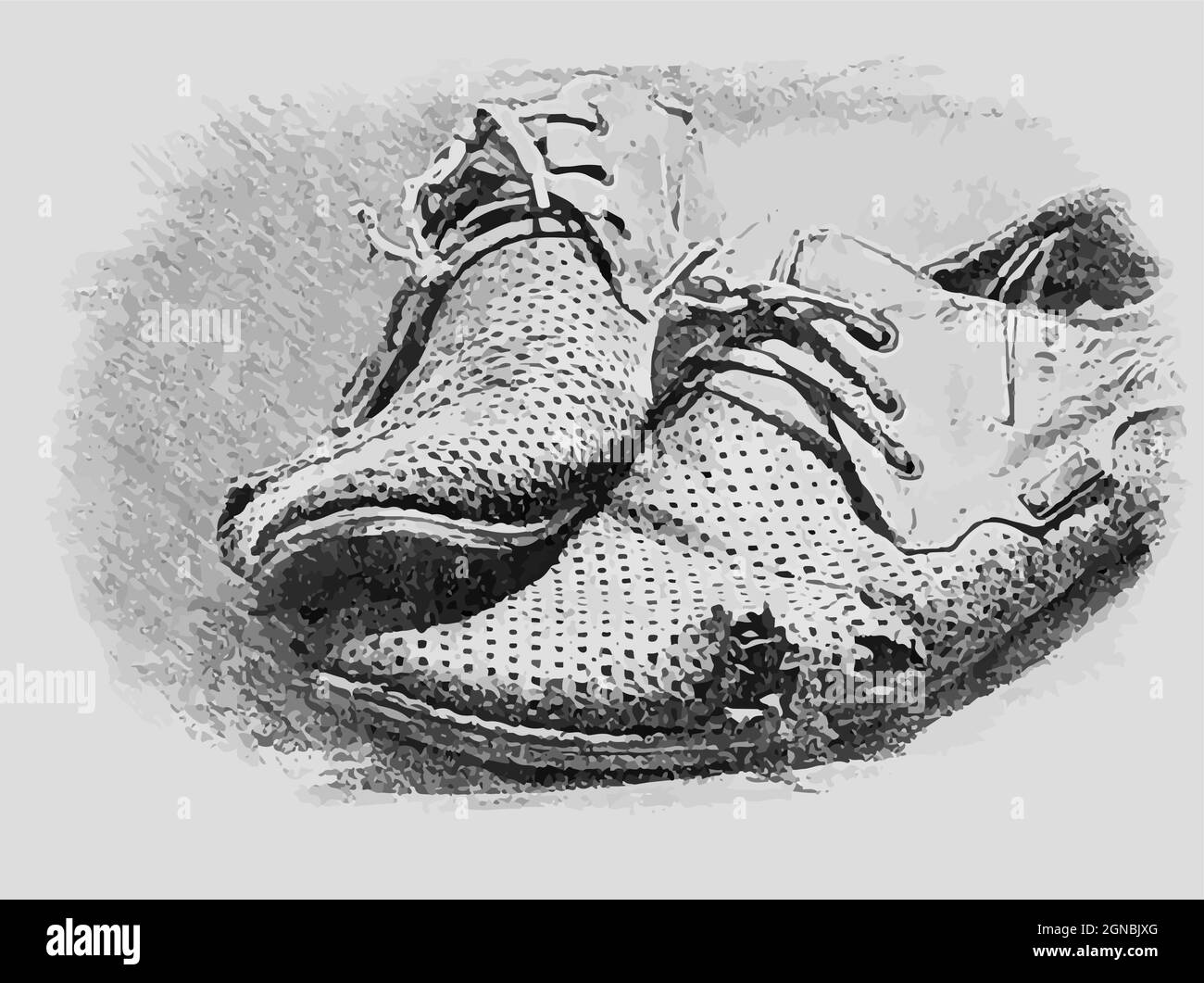 Pencil drawing Old torn shoes. A pair of men's heavily worn leather shoes. Vector illustration Stock Vector