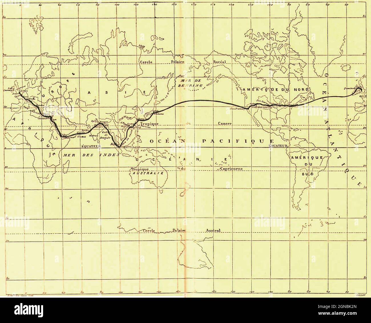 Map of the Voyage from the book ' Around the world in eighty days ' by Jules Verne (1828-1905) Translated by Geo. M. Towle, Published in Boston by James. R. Osgood & Co. 1873 First US Edition Stock Photo