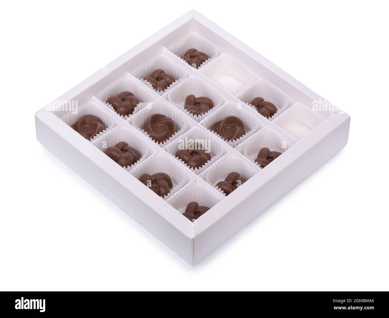 Open box with chocolates isolated over white background Stock Photo