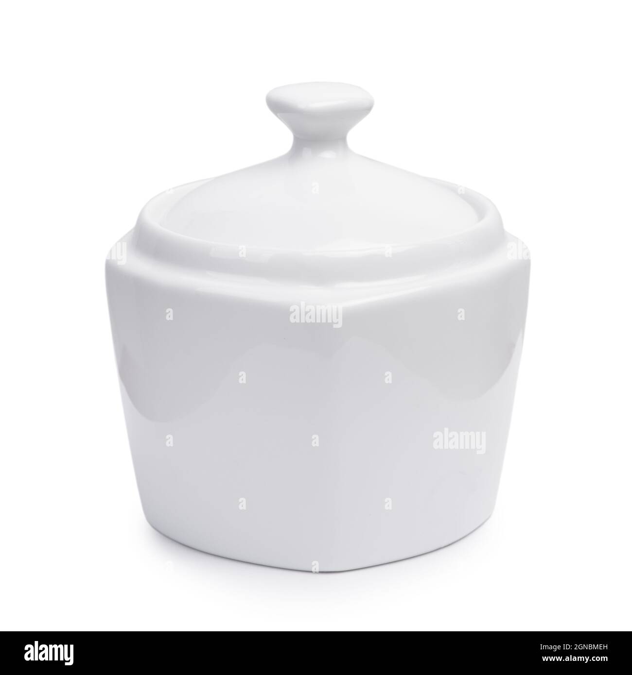 White ceramic sugar bowl with lid isolated on white background Stock Photo