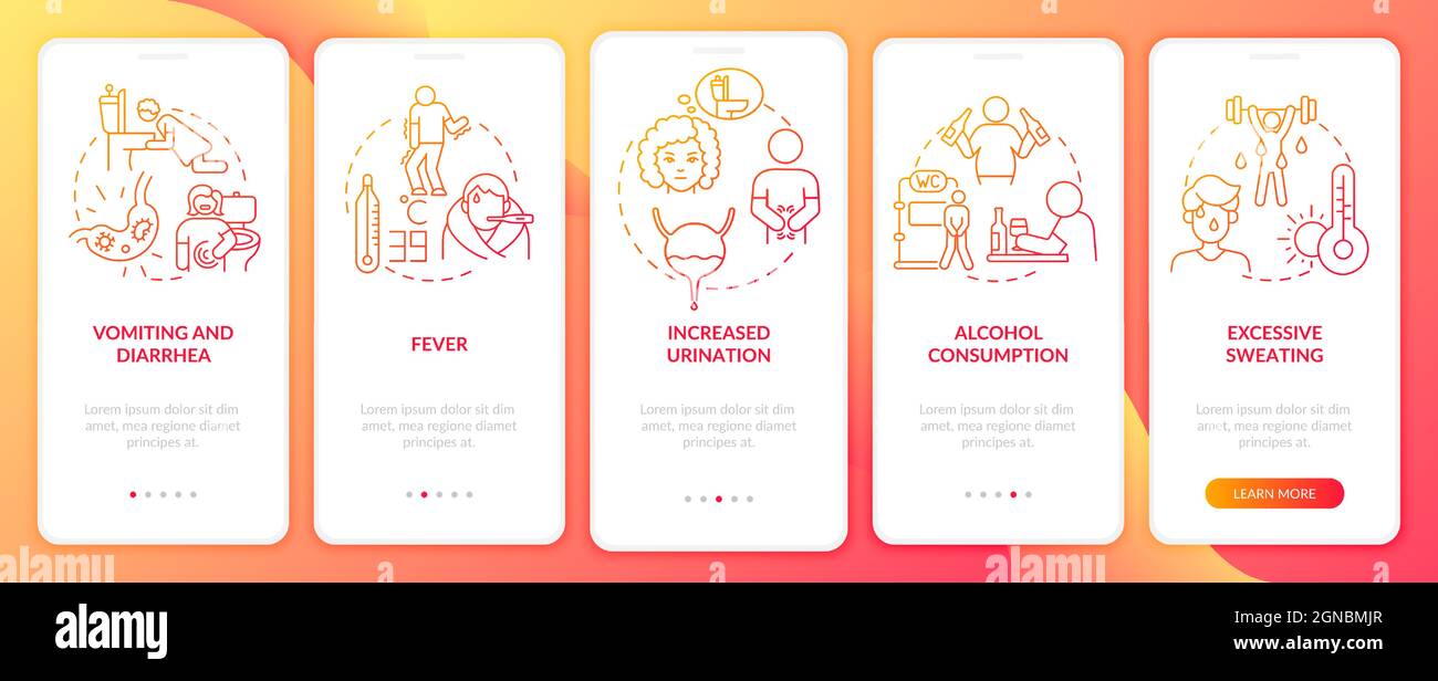 Dehydration causes red gradient onboarding mobile app page screen Stock Vector