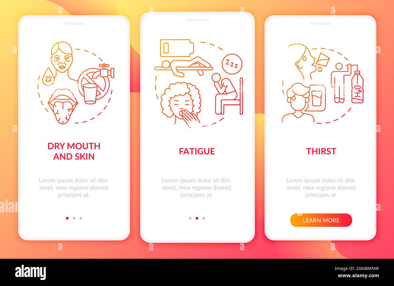Dehydration symptoms red gradient onboarding mobile app page screen Stock Vector