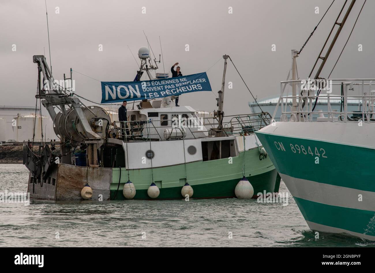 French fishing vessels demonstrated on the morning of September 24, 2021 in  the Port of Le Havre, Normandy, France, against offshore wind plan with the  slogan “No to wind turbines that destroy