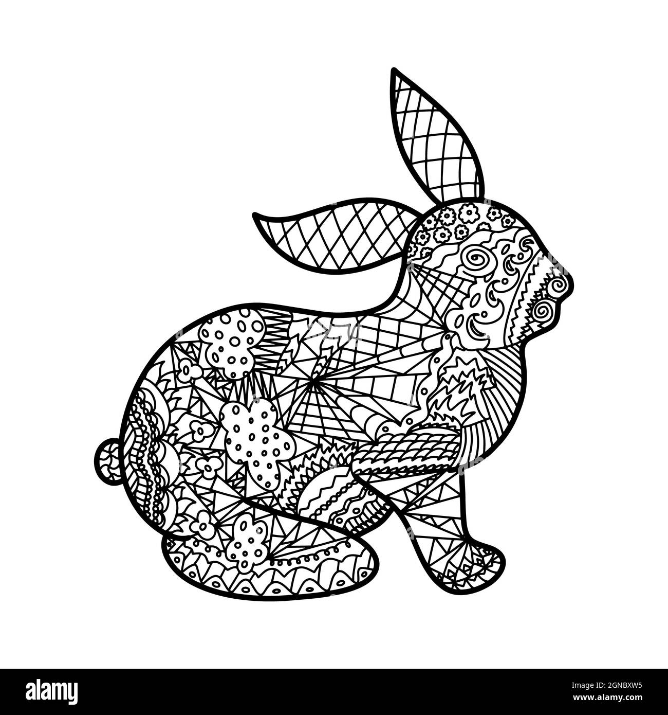 Hand drawn black hare rabbit colouring page illustration. Abstract easter bunny graphic pattern design for print animal tattoo greeting card zodiac Stock Photo