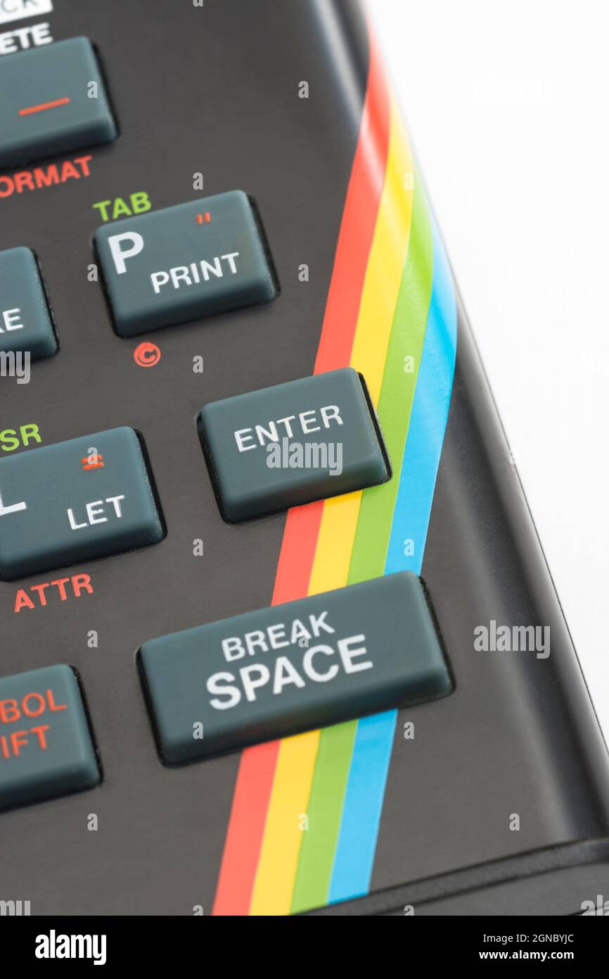 Sinclair ZX Spectrum keyboard close-up. Focus on Basic data ENTER command key. Vintage 8-bit home computer from 1980s (see Notes). Stock Photo