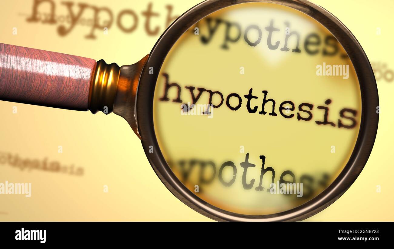 Hypothesis and a magnifying glass on English word Hypothesis to symbolize studying, examining or searching for an explanation and answers related to a Stock Photo