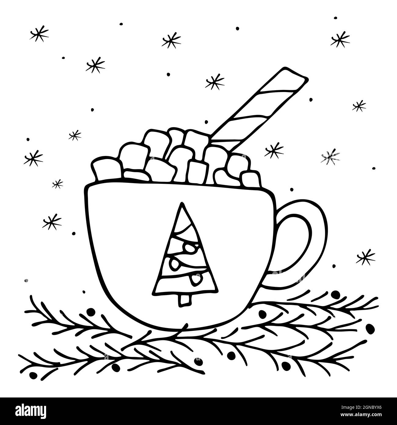 Hand drawn doodle style cup of cocoa and marshmallows in vector. Isolated winter illustration on white background. For graphic and web design Stock Vector