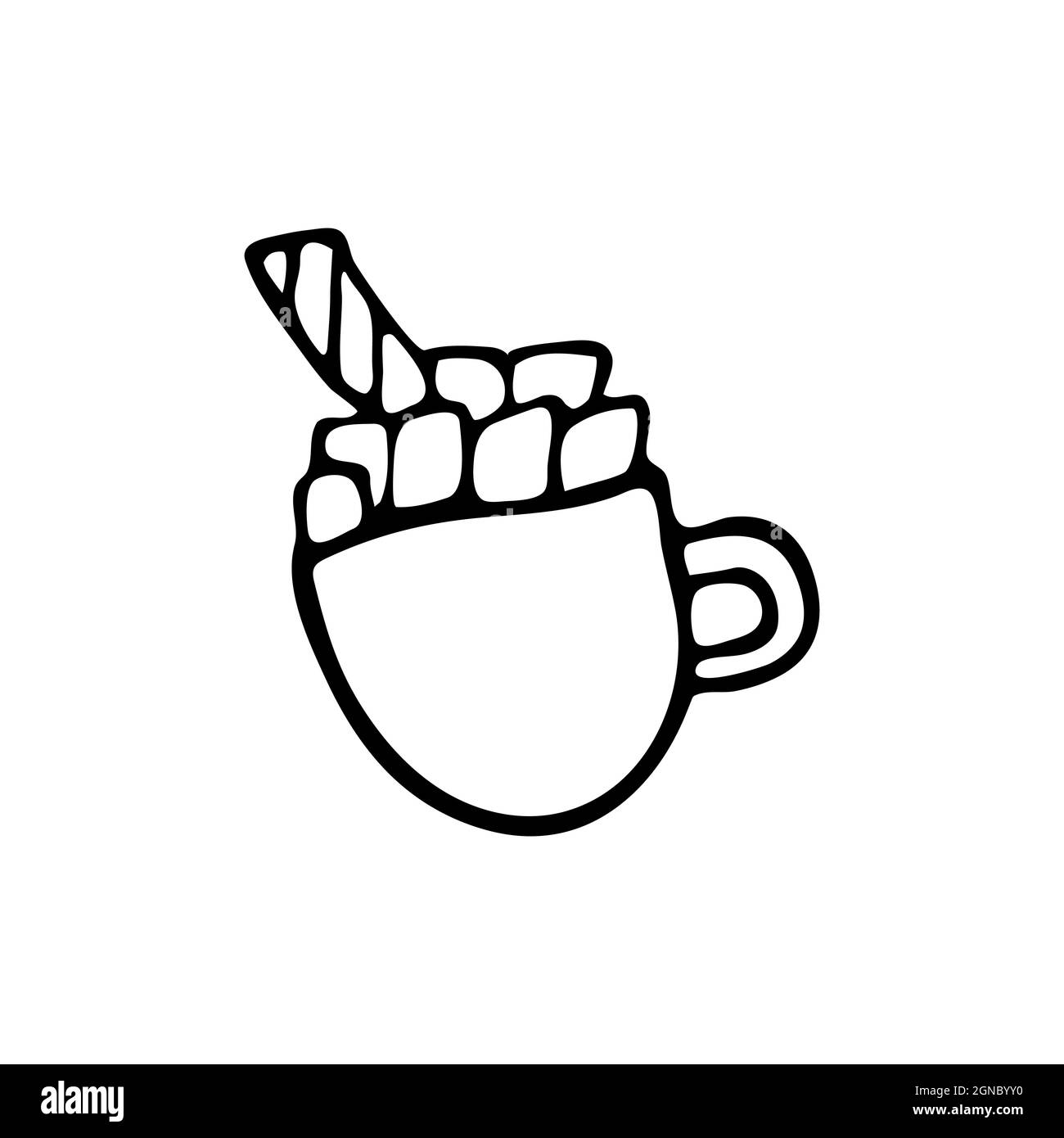 Hand drawn doodle style cup of cocoa and marshmallows in vector. Isolated illustration on white background. For graphic and web design Stock Vector