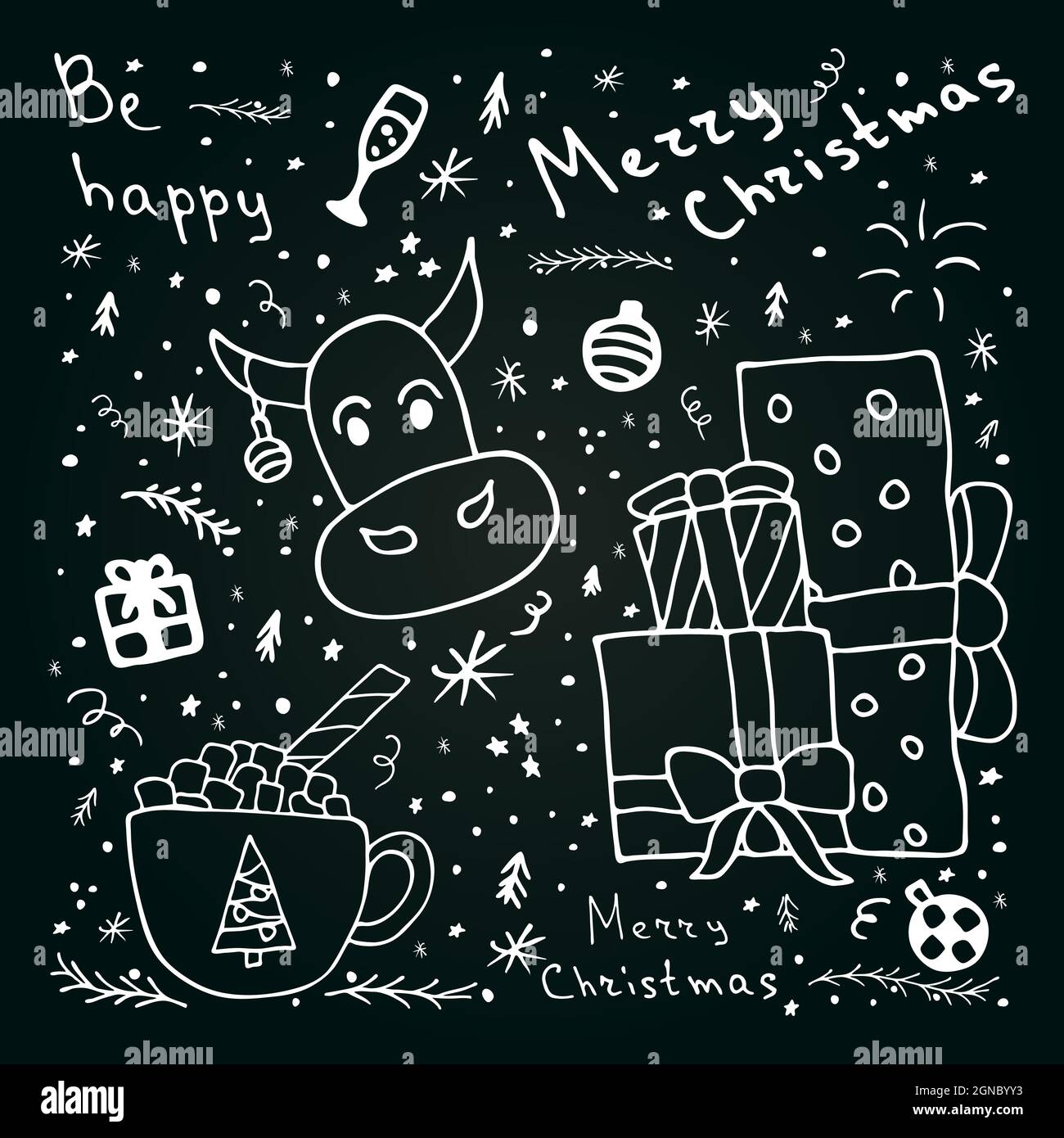 Hand drawn Christmas design set. Doodle style vector elements isolated on dark background. Stock Vector
