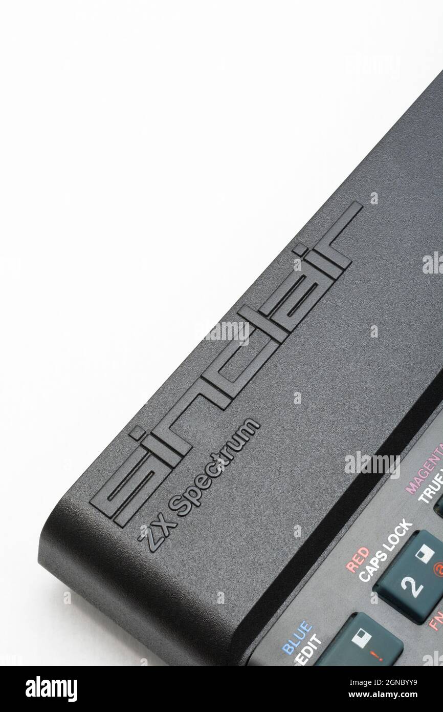 Close shot of raised Sinclair ZX Spectrum logo on black casing. Vintage 8-bit home computer from 1980s that inspired a generation of programmers. Stock Photo