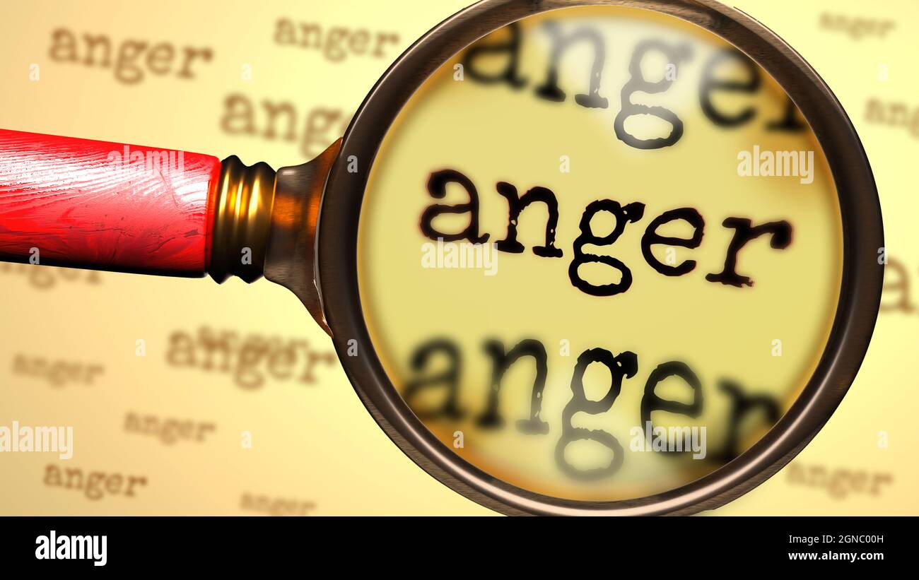 Anger - abstract concept and a magnifying glass enlarging English word Anger to symbolize studying, examining or searching for an explanation and answ Stock Photo