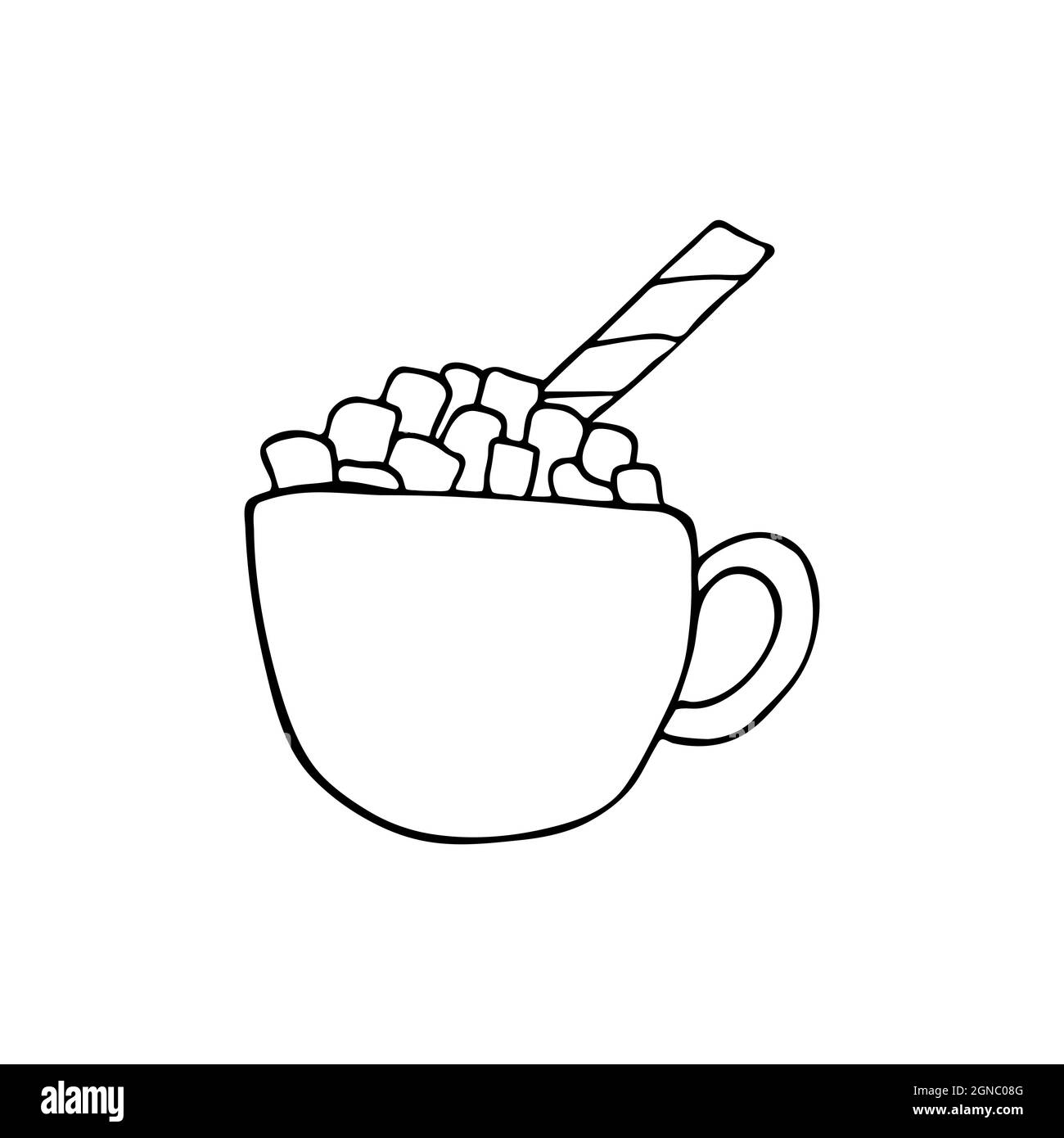 Hand drawn doodle style cup of cocoa and marshmallows in vector. Isolated illustration on white background. For graphic and web design Stock Vector