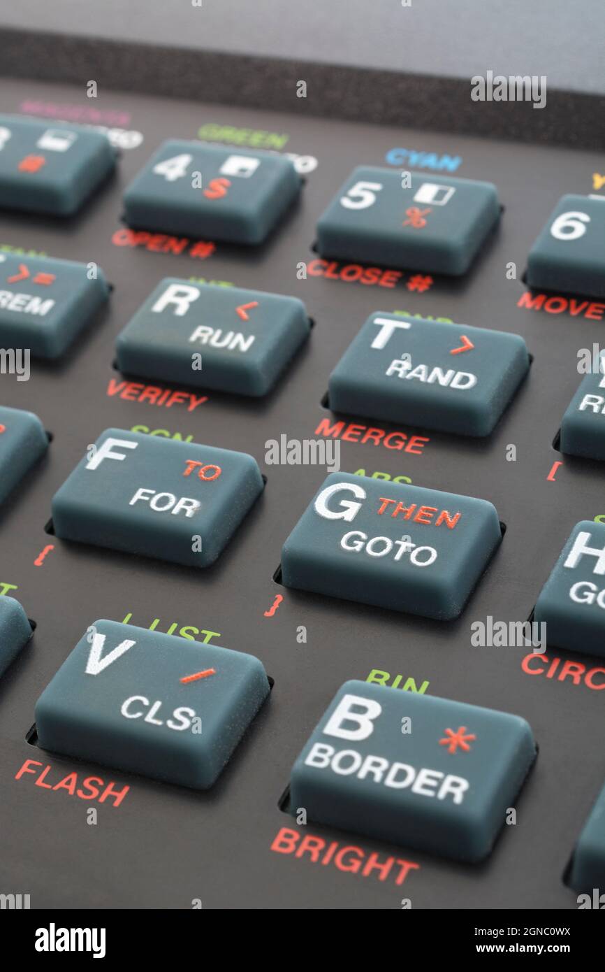 Sinclair ZX Spectrum keyboard close-up. Focus on Basic GOTO command key. Vintage 8-bit home computer from 1980s (see Notes). Stock Photo