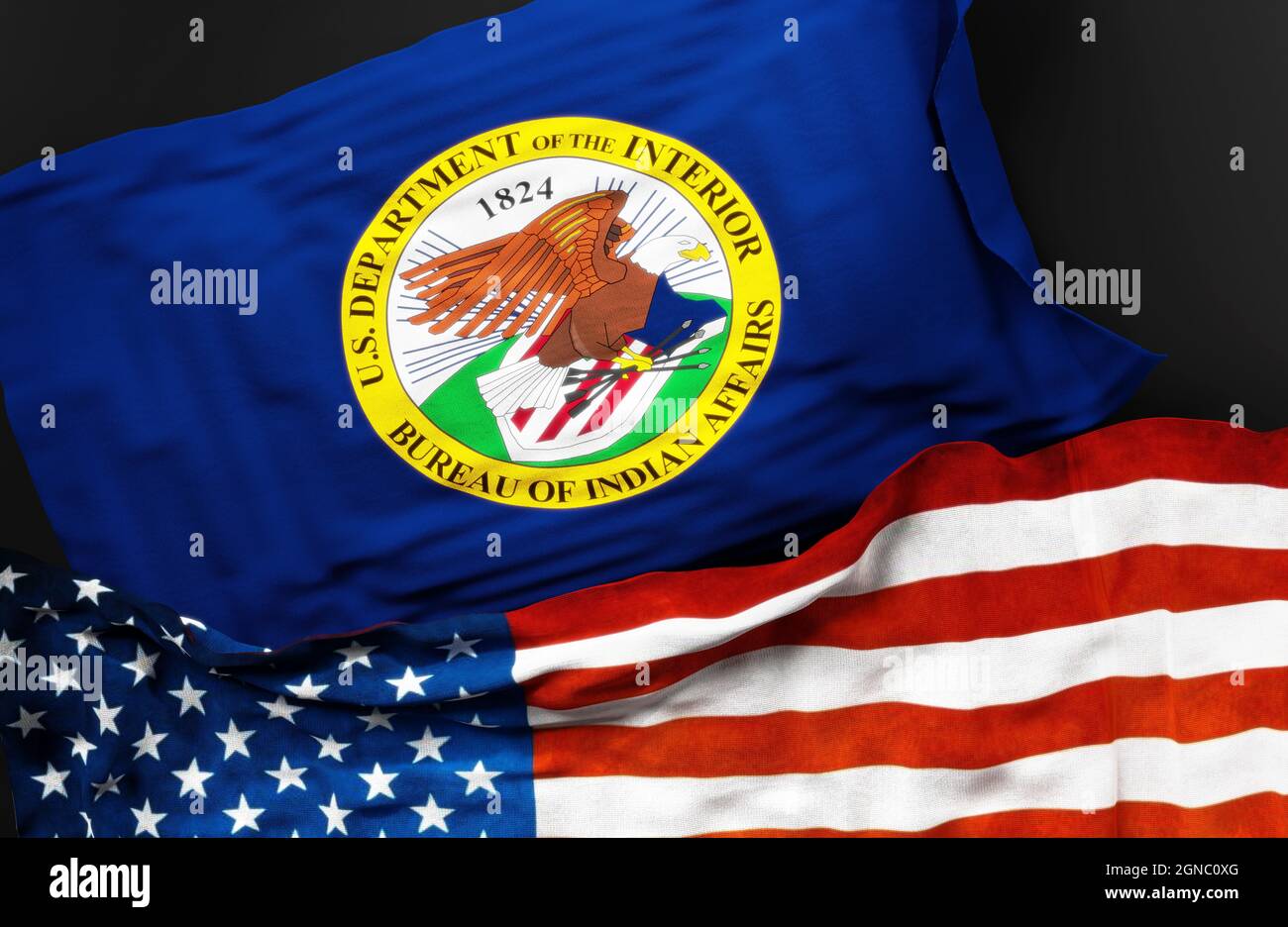 Flag of the United States Bureau of Indian Affairs along with a flag of the United States of America as a symbol of a connection between them, 3d illu Stock Photo