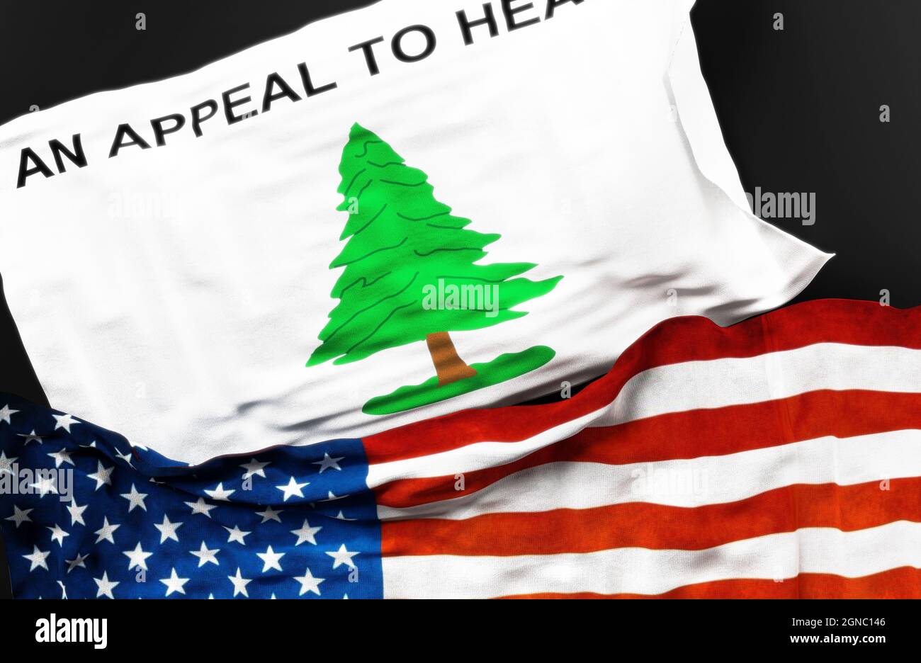 Flag of Pine Tree An Appeal to Heaven along with a flag of the United States of America as a symbol of unity between them, 3d illustration Stock Photo