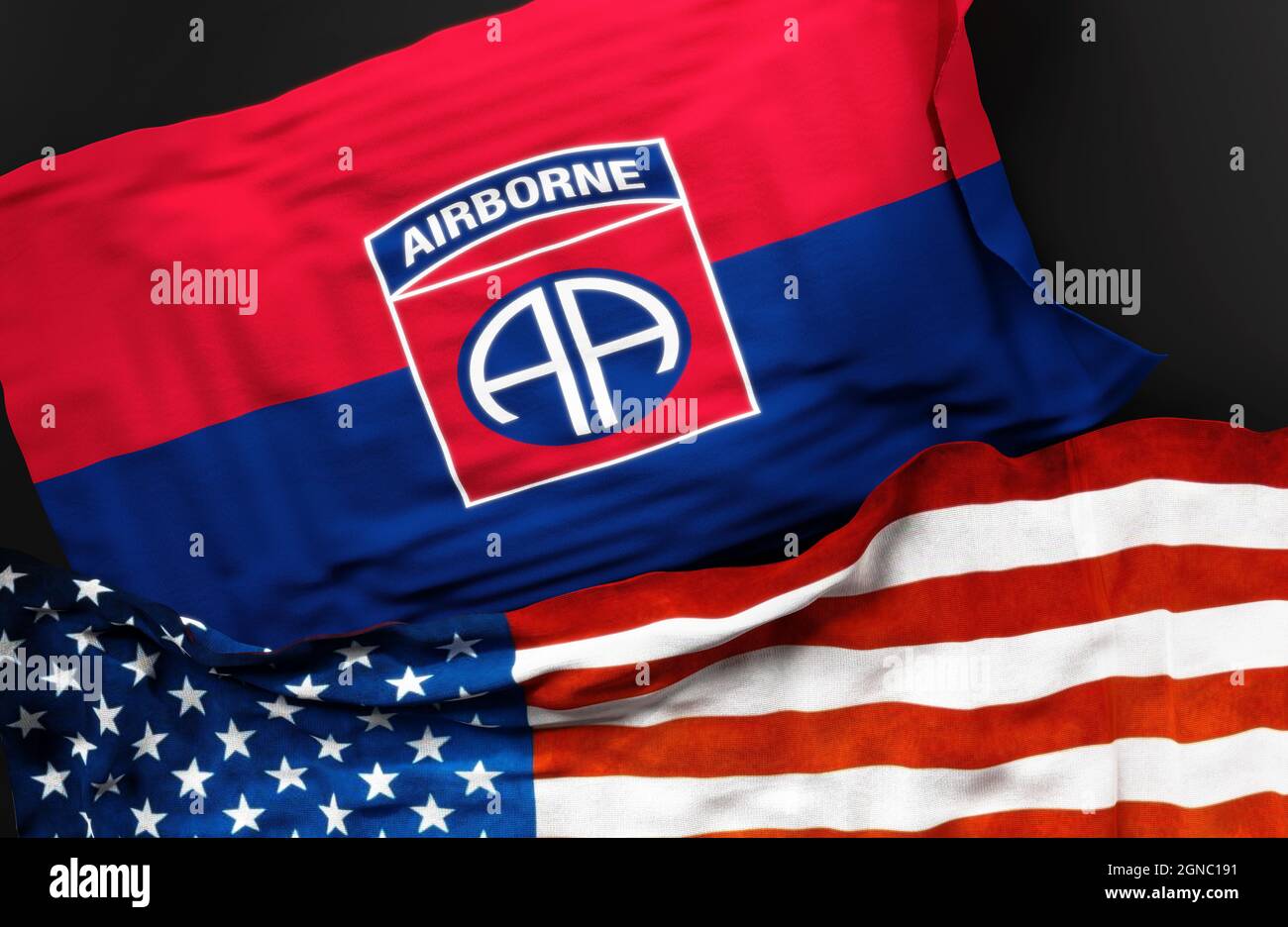 Flag of the United States Army 82nd Airborne Division along with a flag of the United States of America as a symbol of a connection between them, 3d i Stock Photo