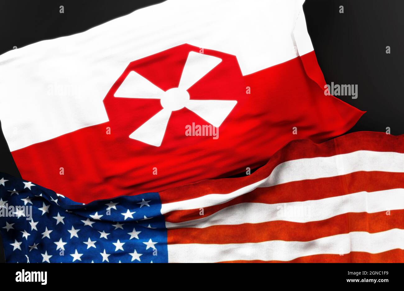 Flag of the Eighth United States Army along with a flag of the United States of America as a symbol of unity between them, 3d illustration Stock Photo