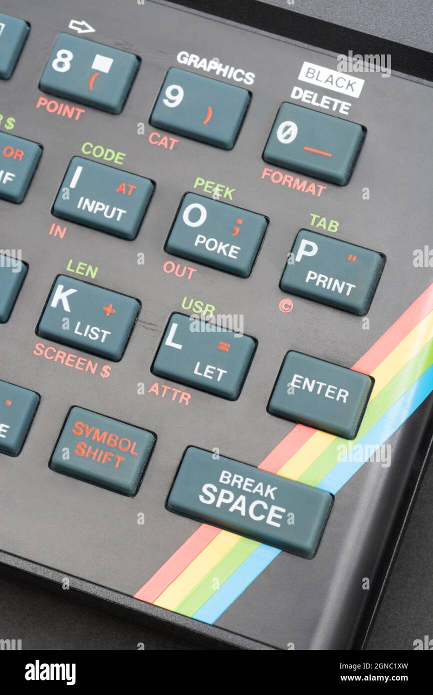 Sinclair ZX Spectrum keyboard. Focus on Basic DIM / FOR / GOTO command keys. Vintage 8-bit home computer from 1980s that inspired a generation. Stock Photo